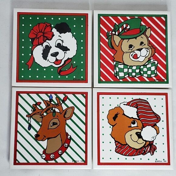 4 Christmas Ceramic Drink Coasters Cat Reindeer Panda Brown Bear Red Green - Picture 1 of 4